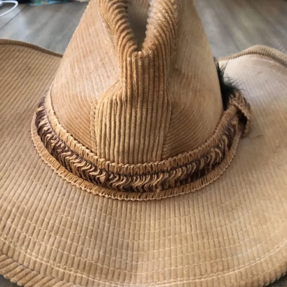 Country Gentleman’s Corduroy Wide Brim Ranch Hat in Tan Feather and braid accent